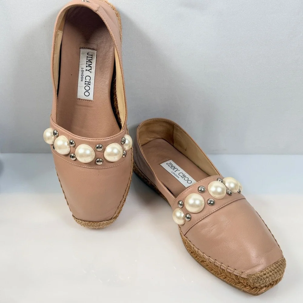 Jimmy Choo Blush Dru Leather Pearl Studded Espadrille Flats Pink Womens 36 6